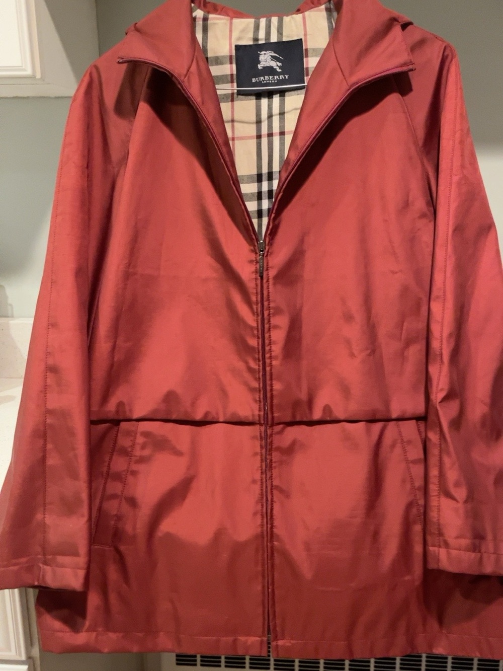 Burberry Red Hooded Zip-Front Trench Coat